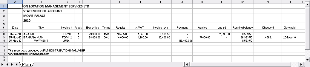 Statement report in the MS Excel   