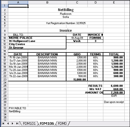 Weekly invoice in the MS Excel   